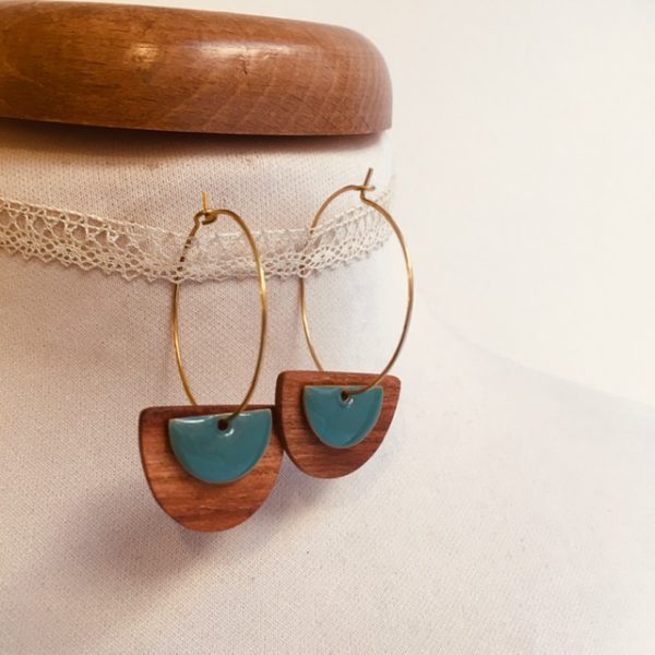 Créole bois demi lune émail bleu turquoise Bijou naturel fait main