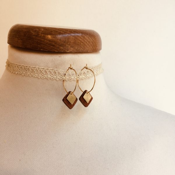 boucles d'oreilles créole dorée mini carré bois Rootsabaga bijoux naturels chic