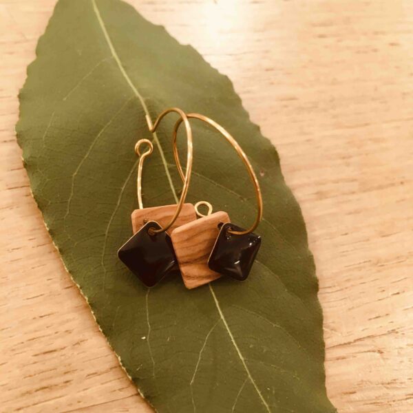 boucles d'oreilles créoles bois carré email noir Rootsabaga